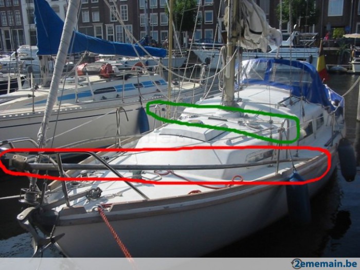 System of dismasting at sea (in red on photo), automatic equipment for jibs (in green on photo)